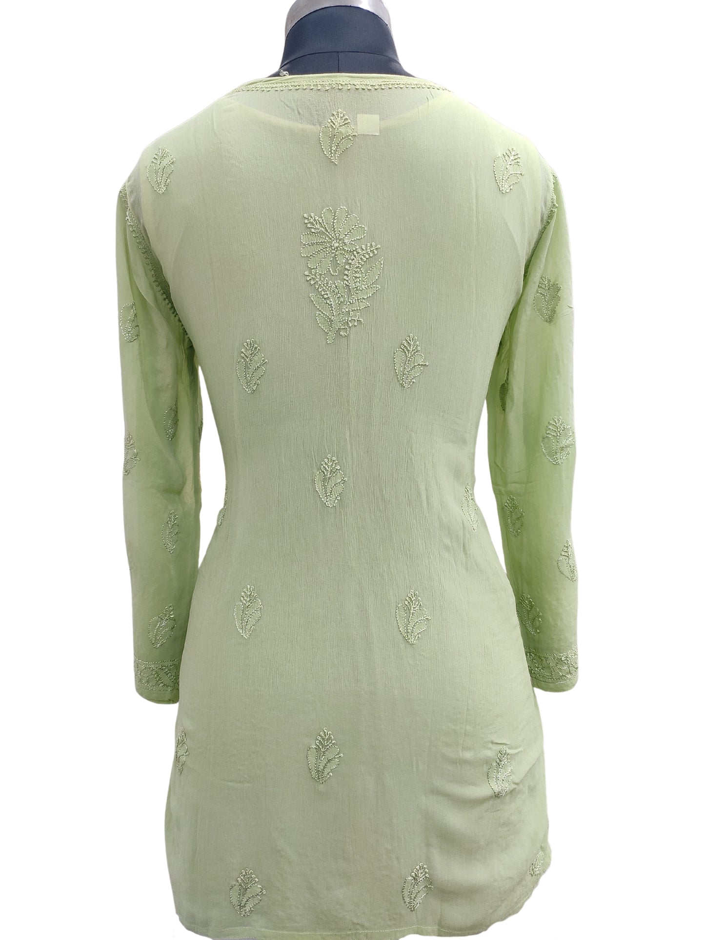 Shyamal Chikan Hand Embroidered Green Viscose Georgette Lucknowi Chikankari Short Top 23574