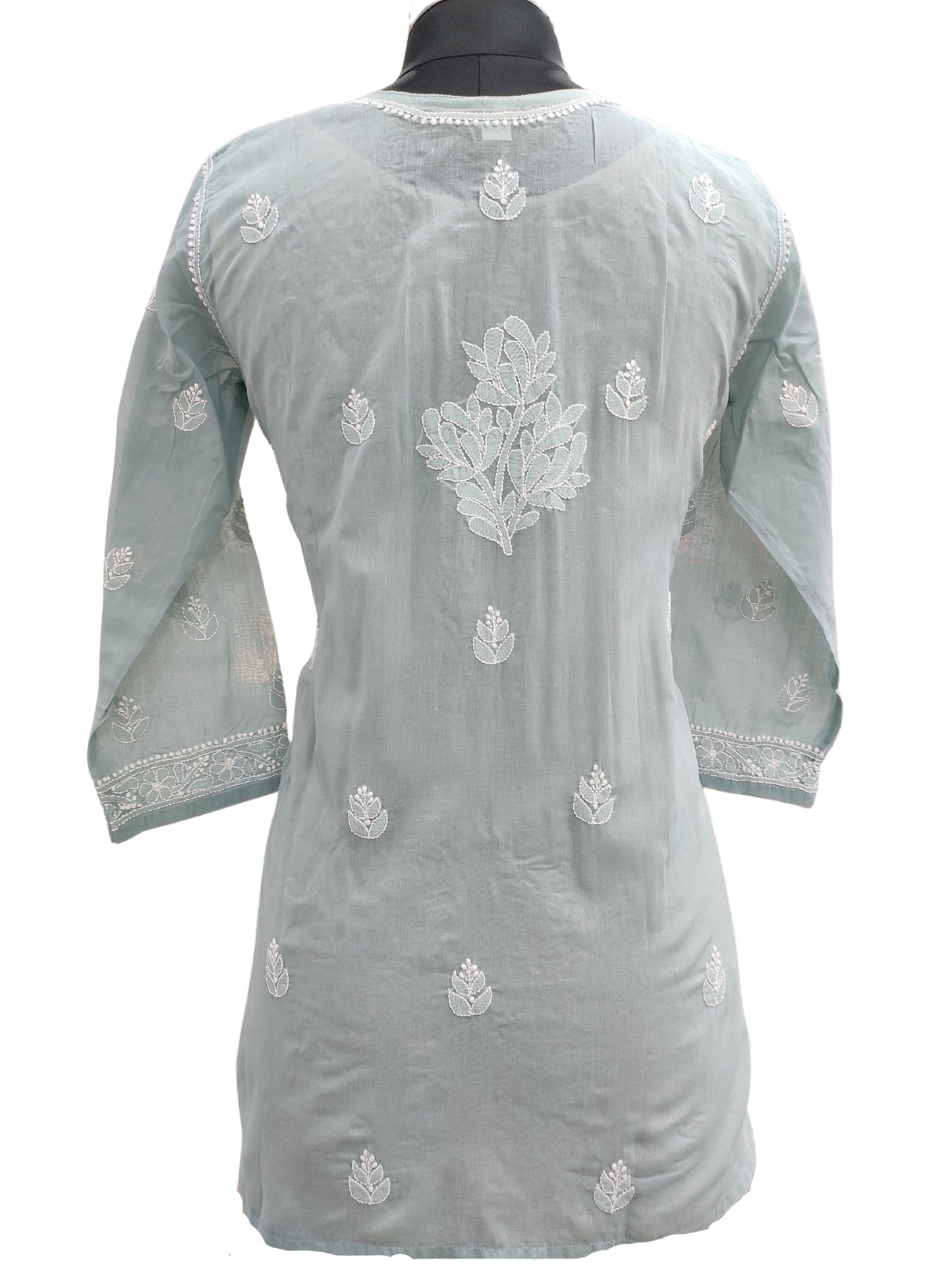 Shyamal Chikan Hand Embroidered Grey Cotton Lucknowi Chikankari Short Top With Jaali Work- S21764