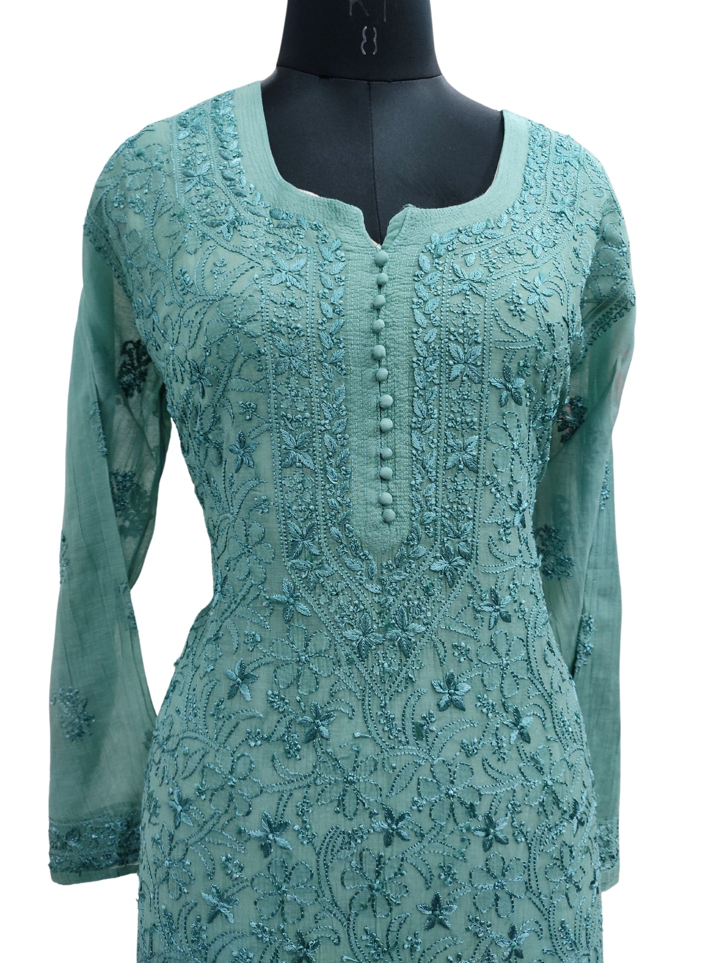 Shyamal Chikan Hand Embroidered Green Mul Chanderi Lucknowi Chikankari Kurti - S24886