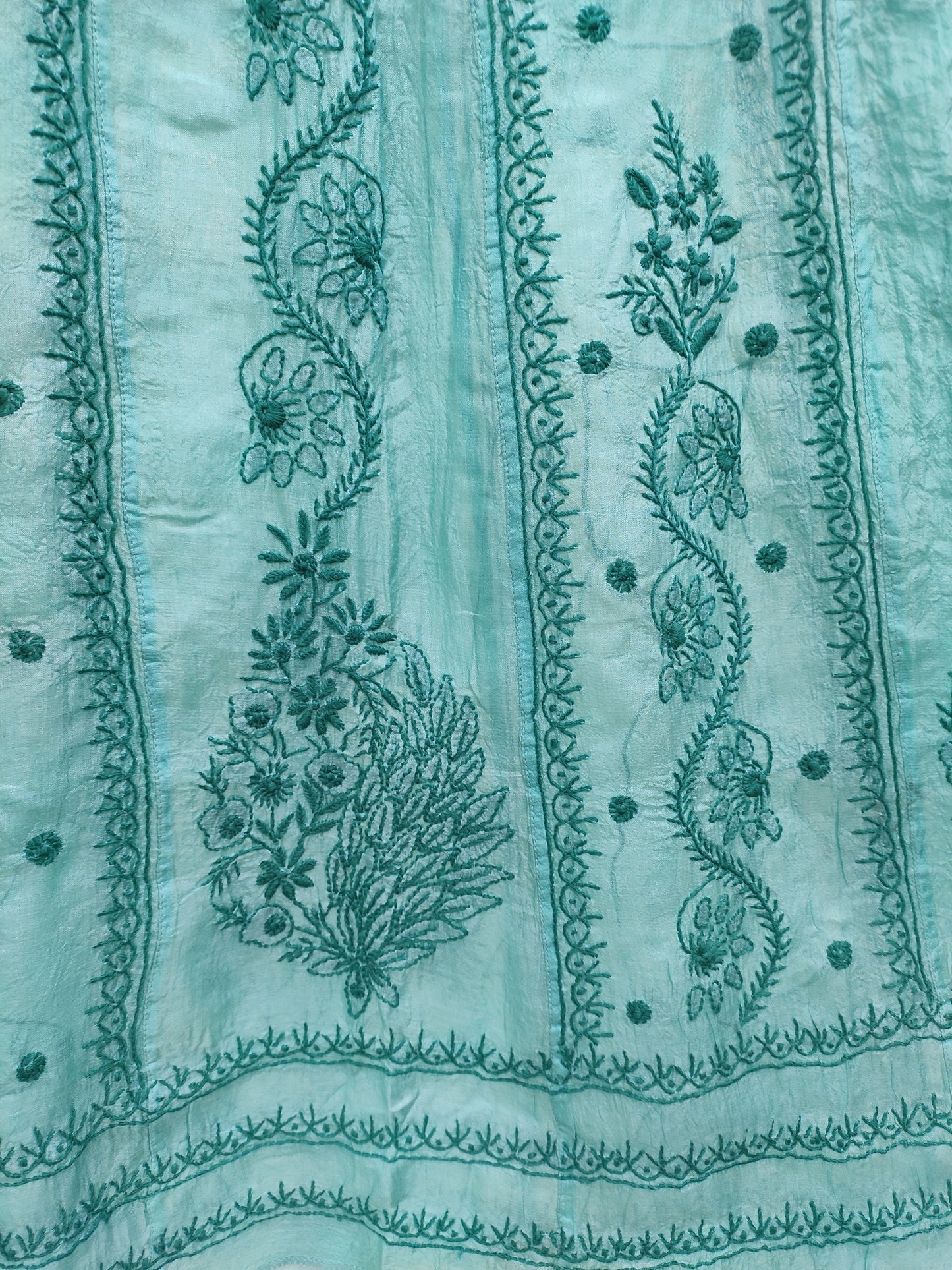 Shyamal Chikan Hand Embroidered Sea Green Pure Tusser Silk Lucknowi Chikankari Semi-Stitched Anarkali - S22010
