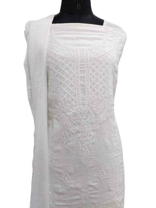 Shyamal Chikan Hand Embroidered White Cotton Lucknowi Chikankari Unstitched Suit Piece - S25411