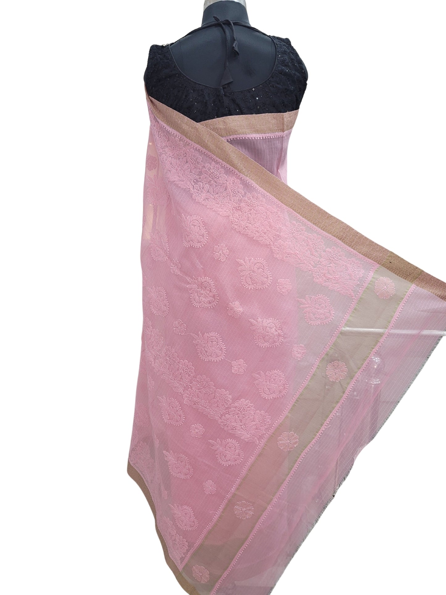 Shyamal Chikan Hand Embroidered Pink Tissue Lenin Lucknowi Chikankari Saree With Blouse Piece - S24353