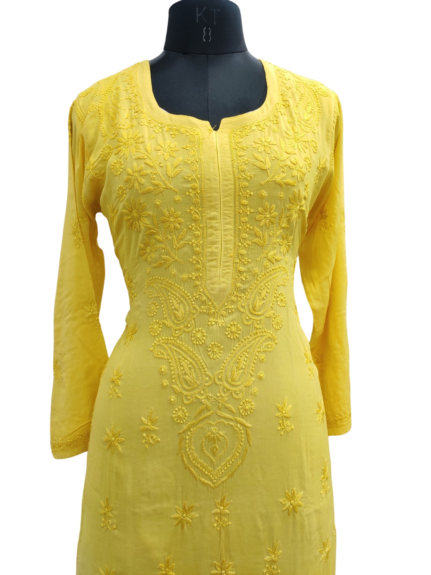 Shyamal Chikan Hand Embroidered Yellow Modal Cotton Lucknowi Chikankari Kurti - S24689