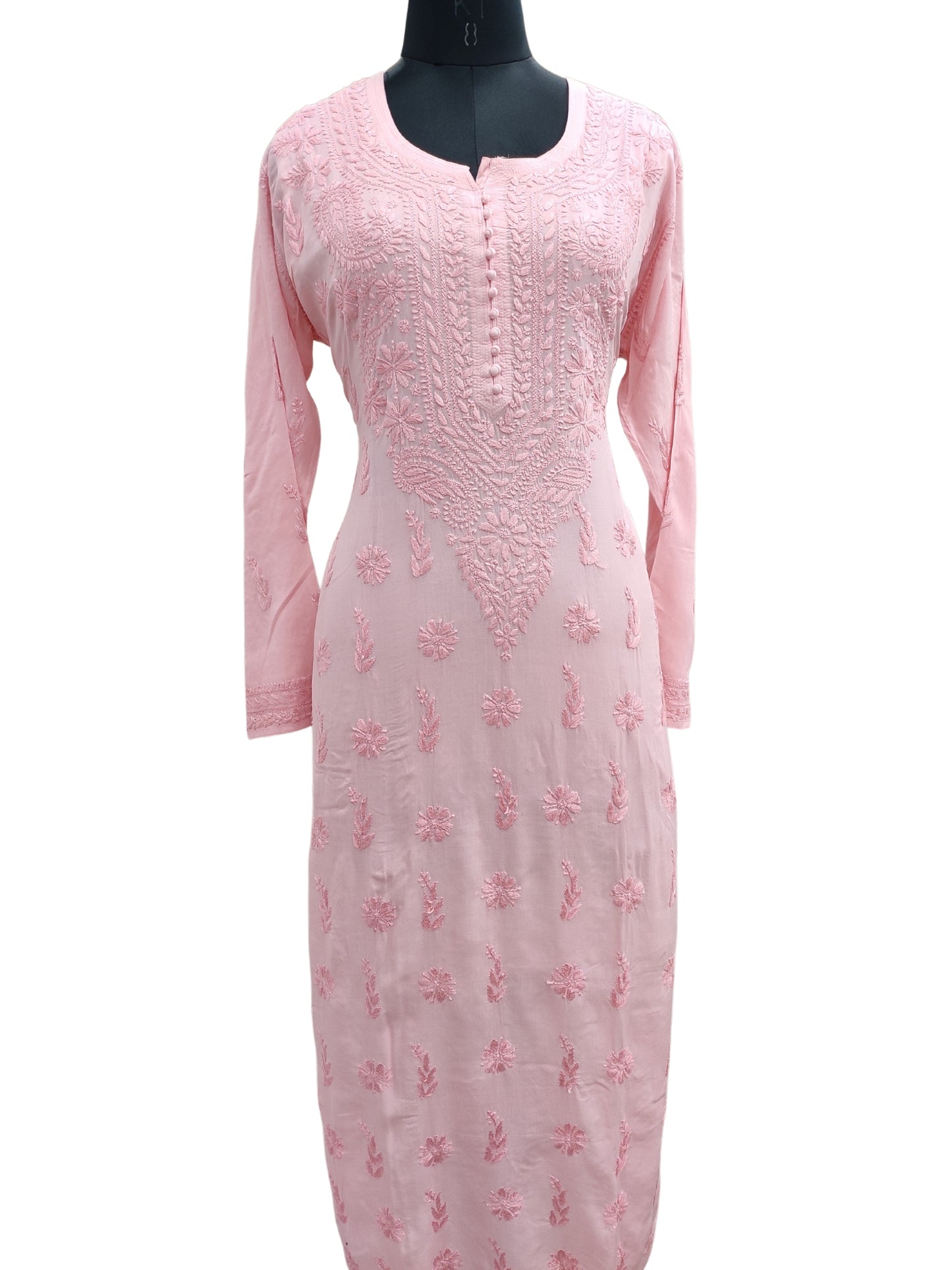 Shyamal Chikan Hand Embroidered Peach Modal Cotton Lucknowi Chikankari Kurti - S24691