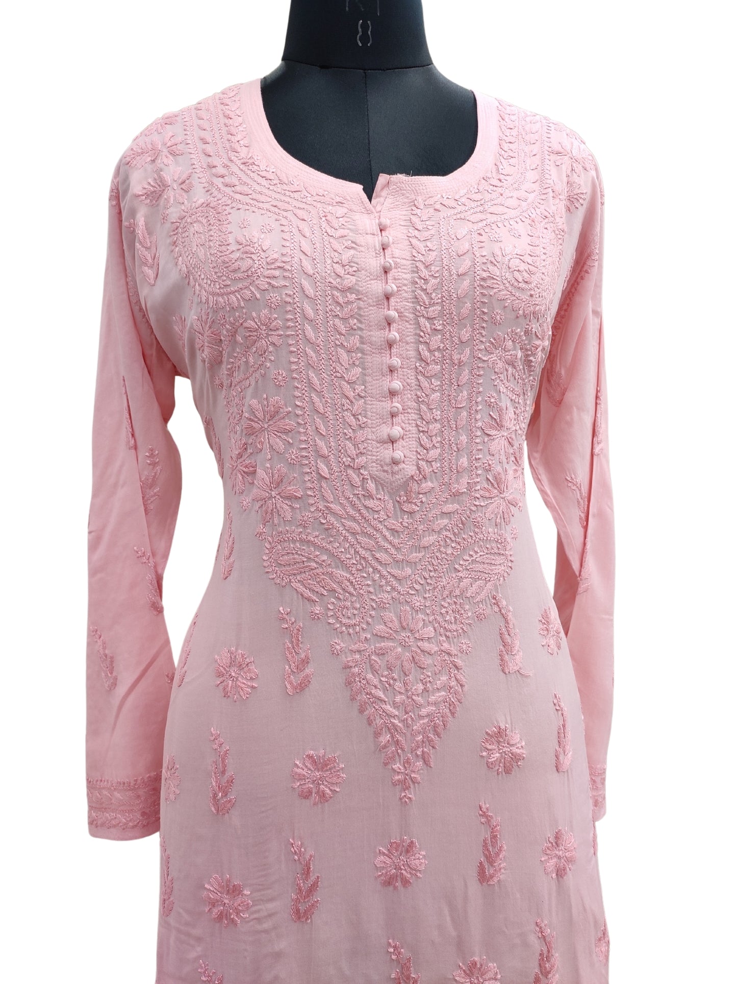 Shyamal Chikan Hand Embroidered Peach Modal Cotton Lucknowi Chikankari Kurti - S24691