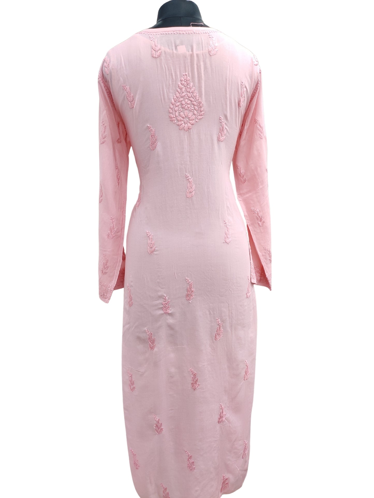 Shyamal Chikan Hand Embroidered Peach Modal Cotton Lucknowi Chikankari Kurti - S24691