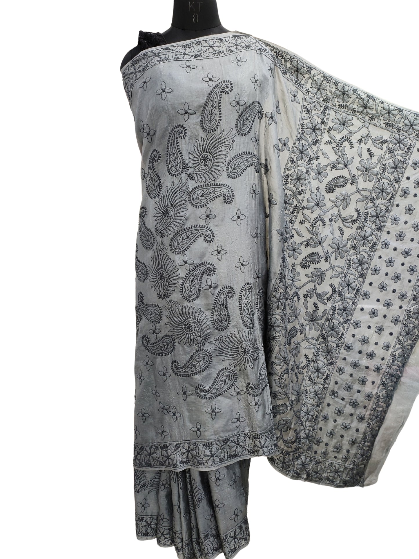 Shyamal Chikan Hand Embroidered Grey Pure Tusser Silk Lucknowi Chikankari Saree With Blouse Piece- S20723
