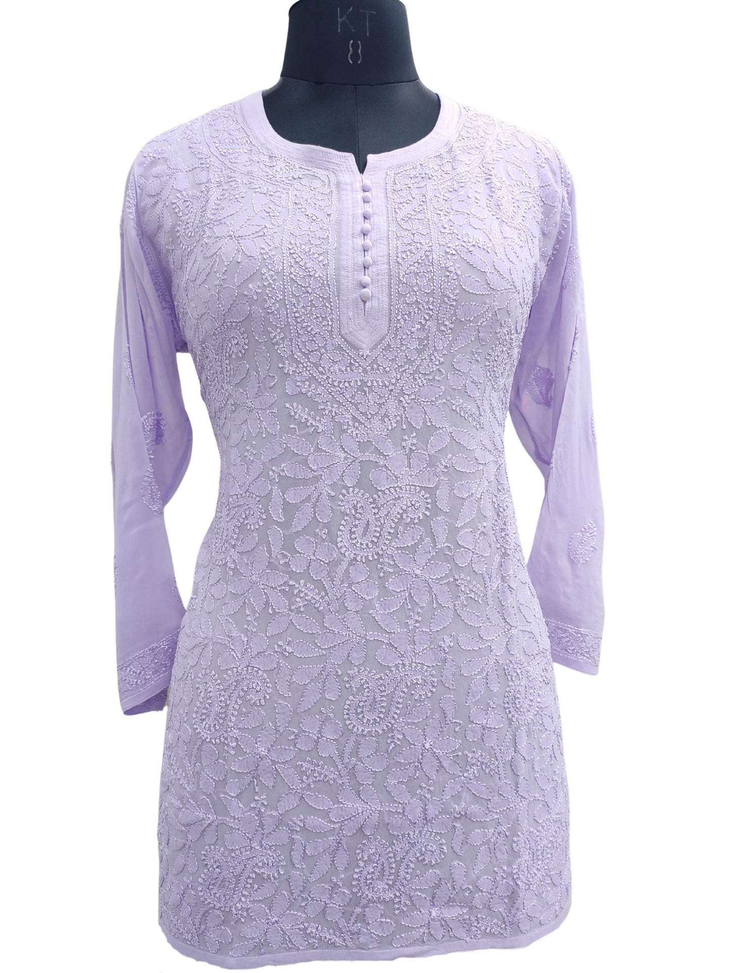 Shyamal Chikan Hand Embroidered Lavender Viscose Georgette Lucknowi Chikankari Short Top 23567