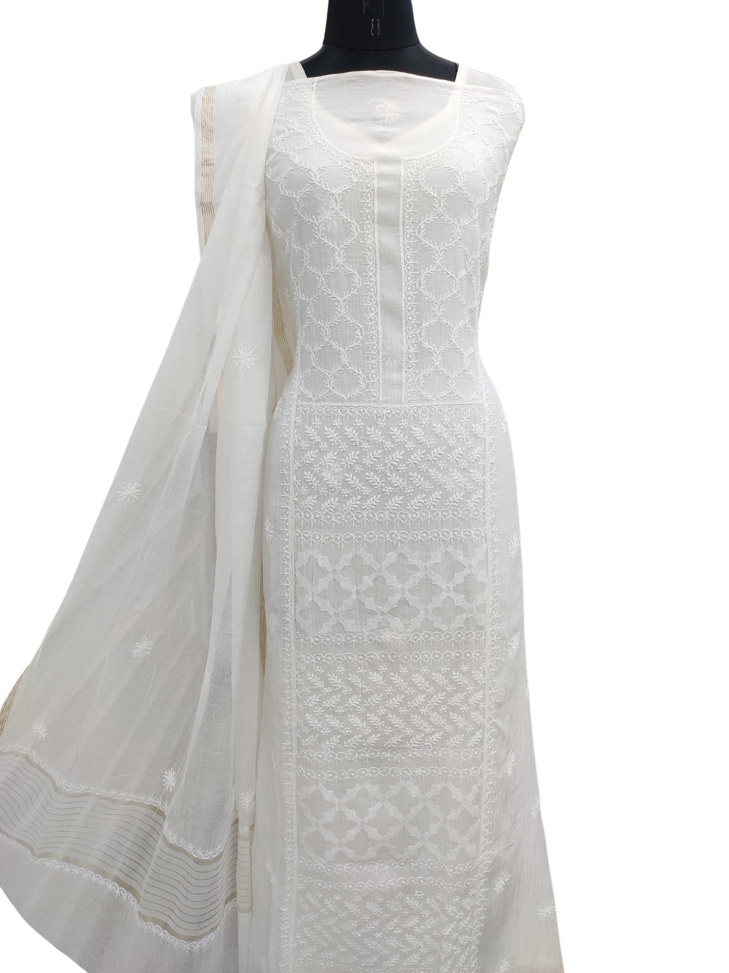 Shyamal Chikan Hand Embroidered White Mul Chanderi Lucknowi Chikankari semi stitched Suit Piece (Kurta Dupatta Set) - 23988