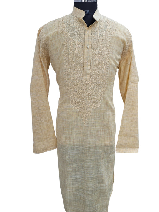 Shyamal Chikan Hand Embroidered Beige Cotton Lucknowi Chikankari Men's Kurta - S25175