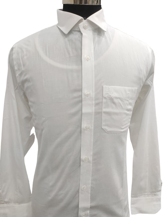 Shyamal Chikan Hand Embroidered White Fine Cotton Lucknowi Chikankari Men's Full Sleeves Shirt  – 26838