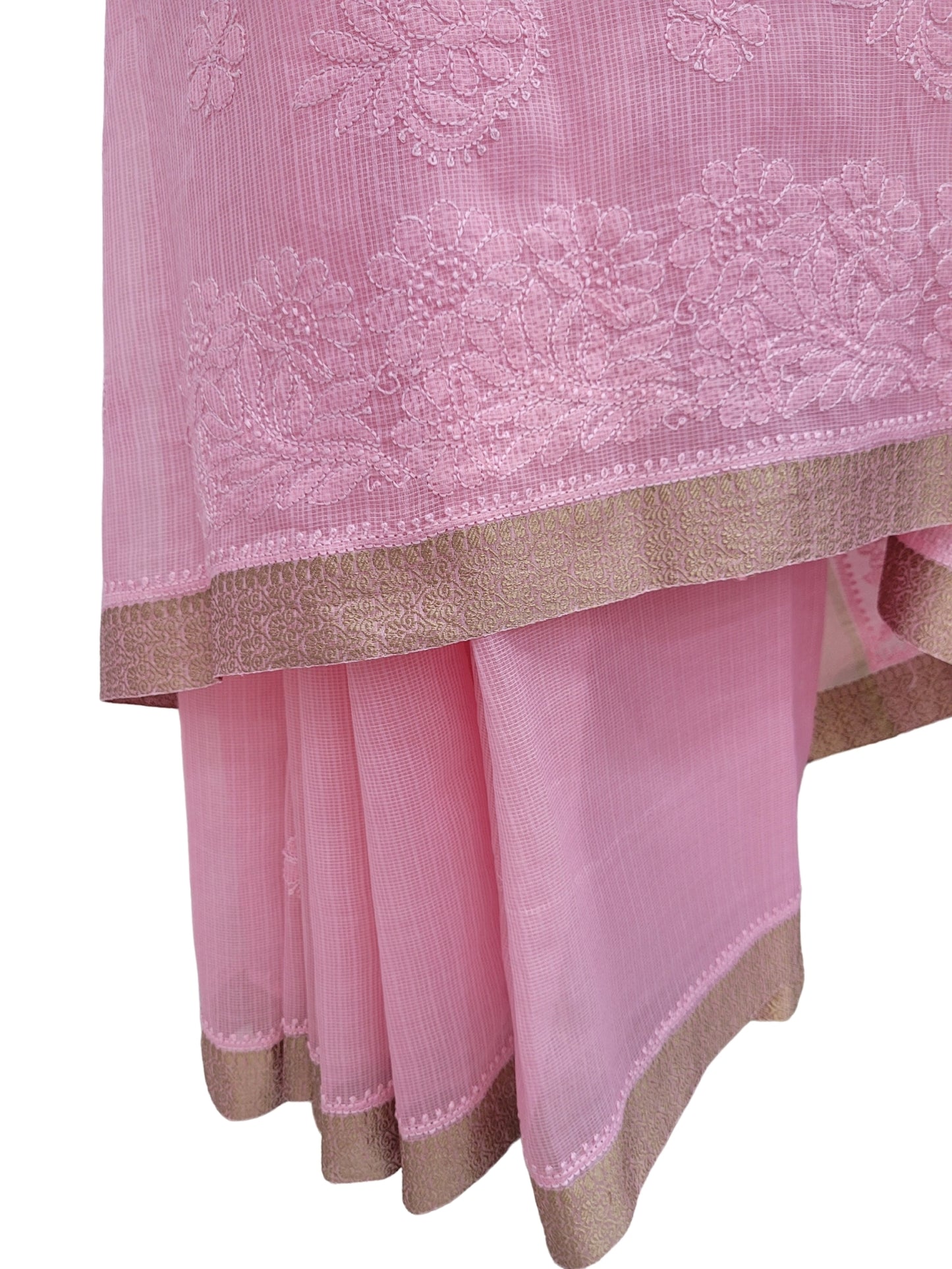 Shyamal Chikan Hand Embroidered Pink Tissue Lenin Lucknowi Chikankari Saree With Blouse Piece - S24353