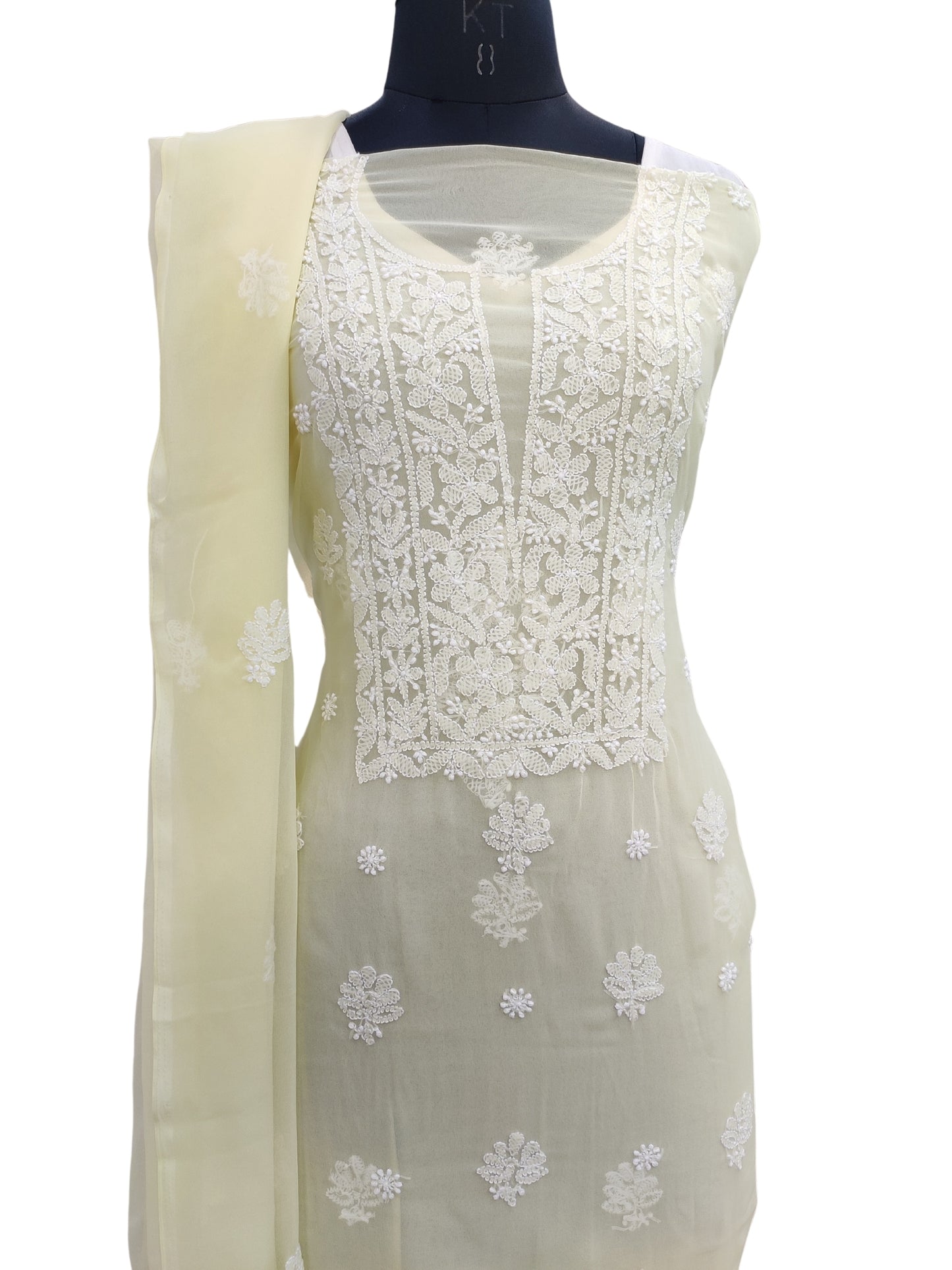 Shyamal Chikan Hand Embroidered Lemon Georgette Lucknowi Chikankari Unstitched Suit Piece - 24018