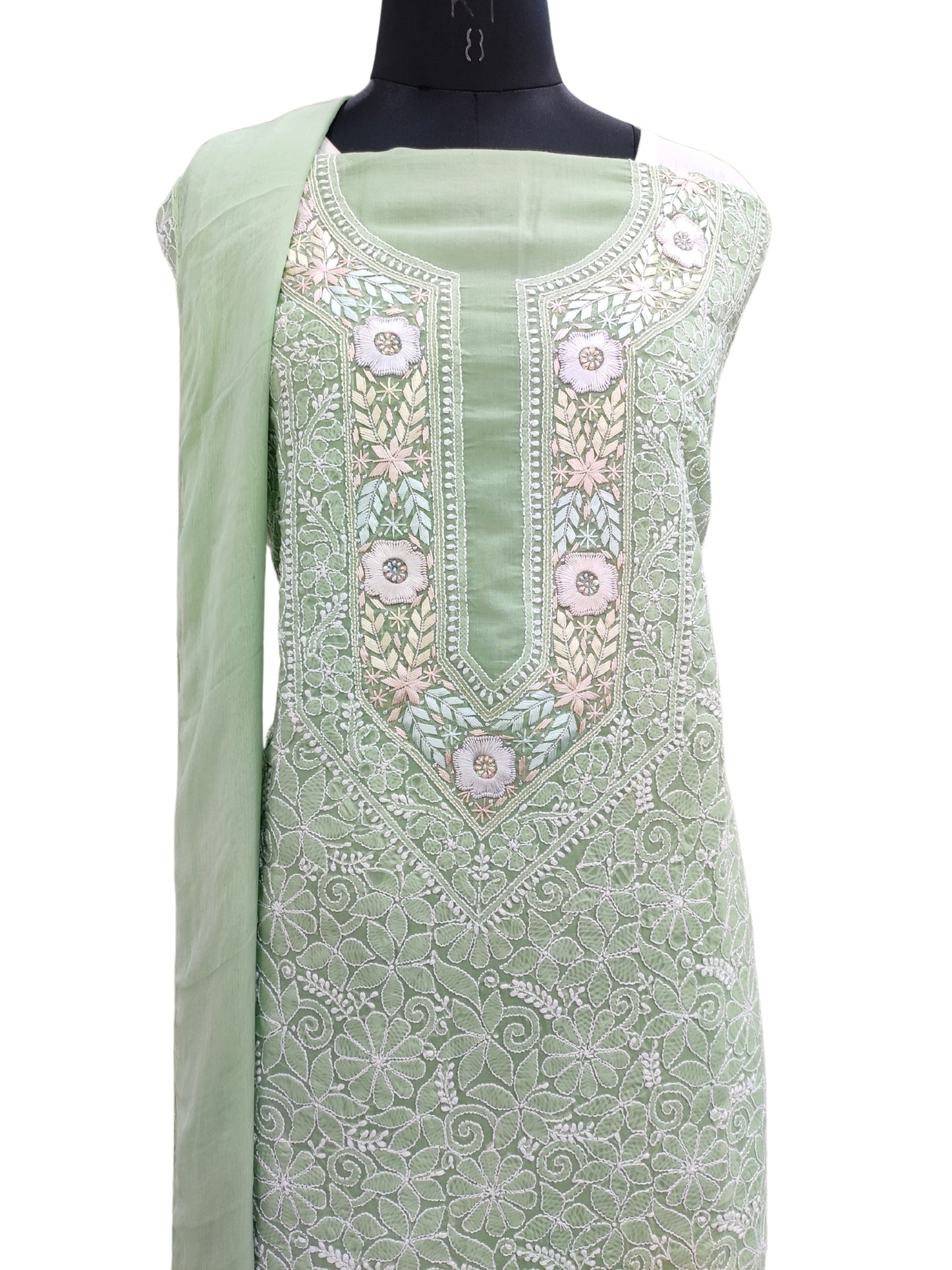 Shyamal Chikan Hand Embroidered Green Cotton Lucknowi Chikankari Unstitched Suit Piece With Parsi Work - S24587