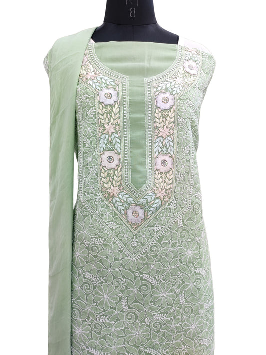 Shyamal Chikan Hand Embroidered Green Cotton Lucknowi Chikankari Unstitched Suit Piece With Parsi Work - S24587