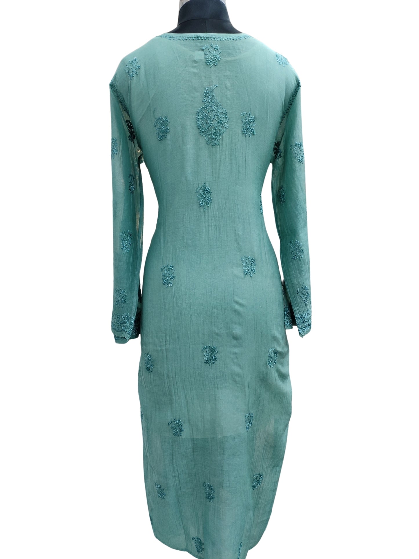 Shyamal Chikan Hand Embroidered Green Mul Chanderi Lucknowi Chikankari Kurti - S24886