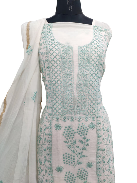 Shyamal Chikan Hand Embroidered White Mul Chanderi Lucknowi Chikankari Unstitched Suit Piece with Jaali Work (Kurta Dupatta Set) - S23725