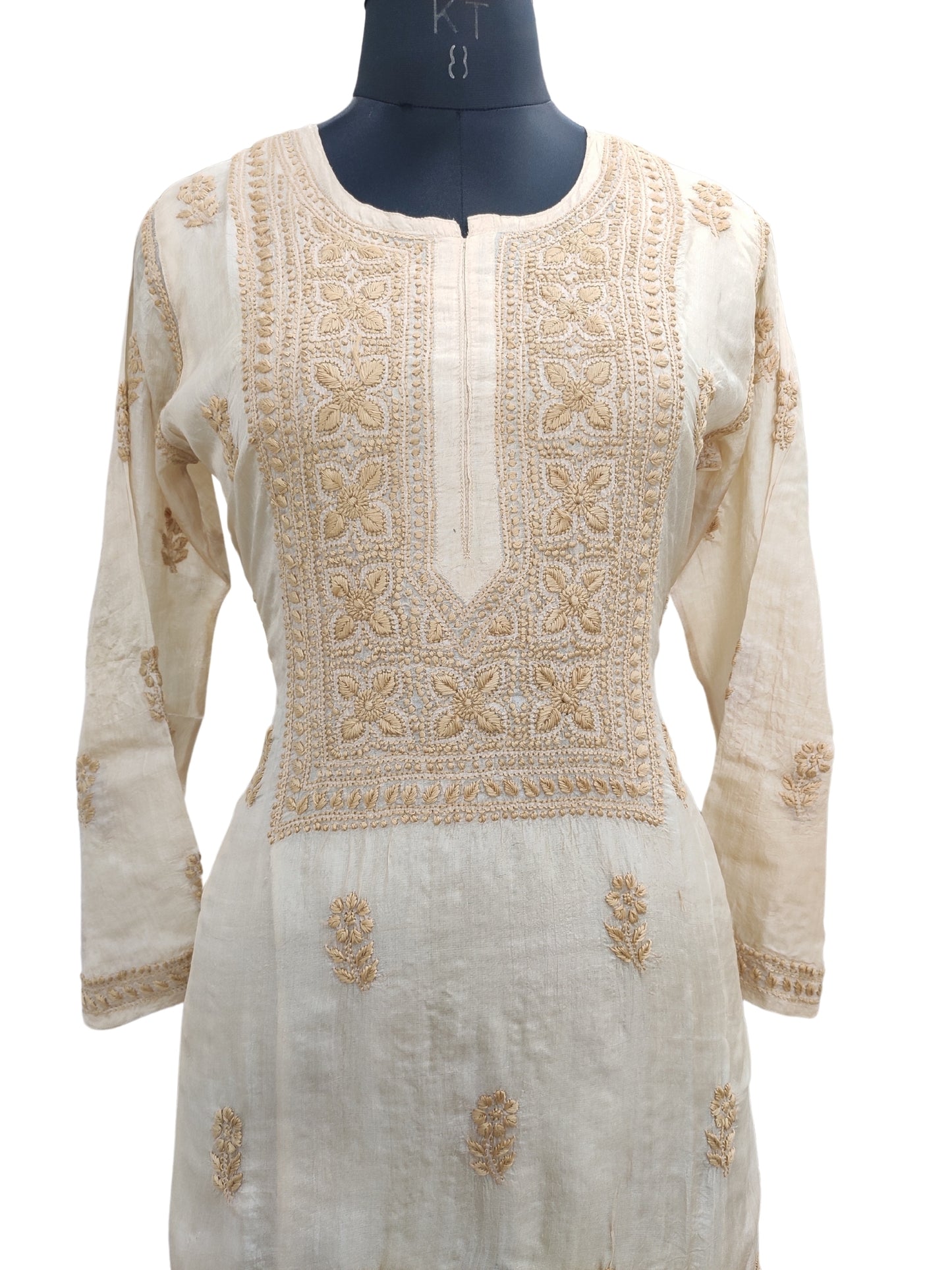 Shyamal Chikan Hand Embroidered Beige Pure Tusser Silk Lucknowi Chikankari Kurti- S24402