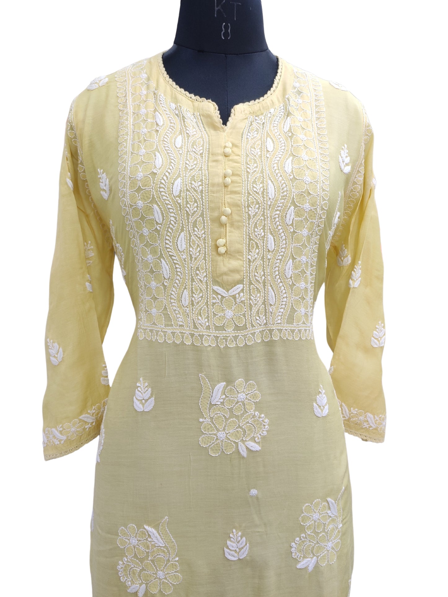 Shyamal Chikan Hand Embroidered Yellow Muslin Lucknowi Chikankari Kurti - S25478