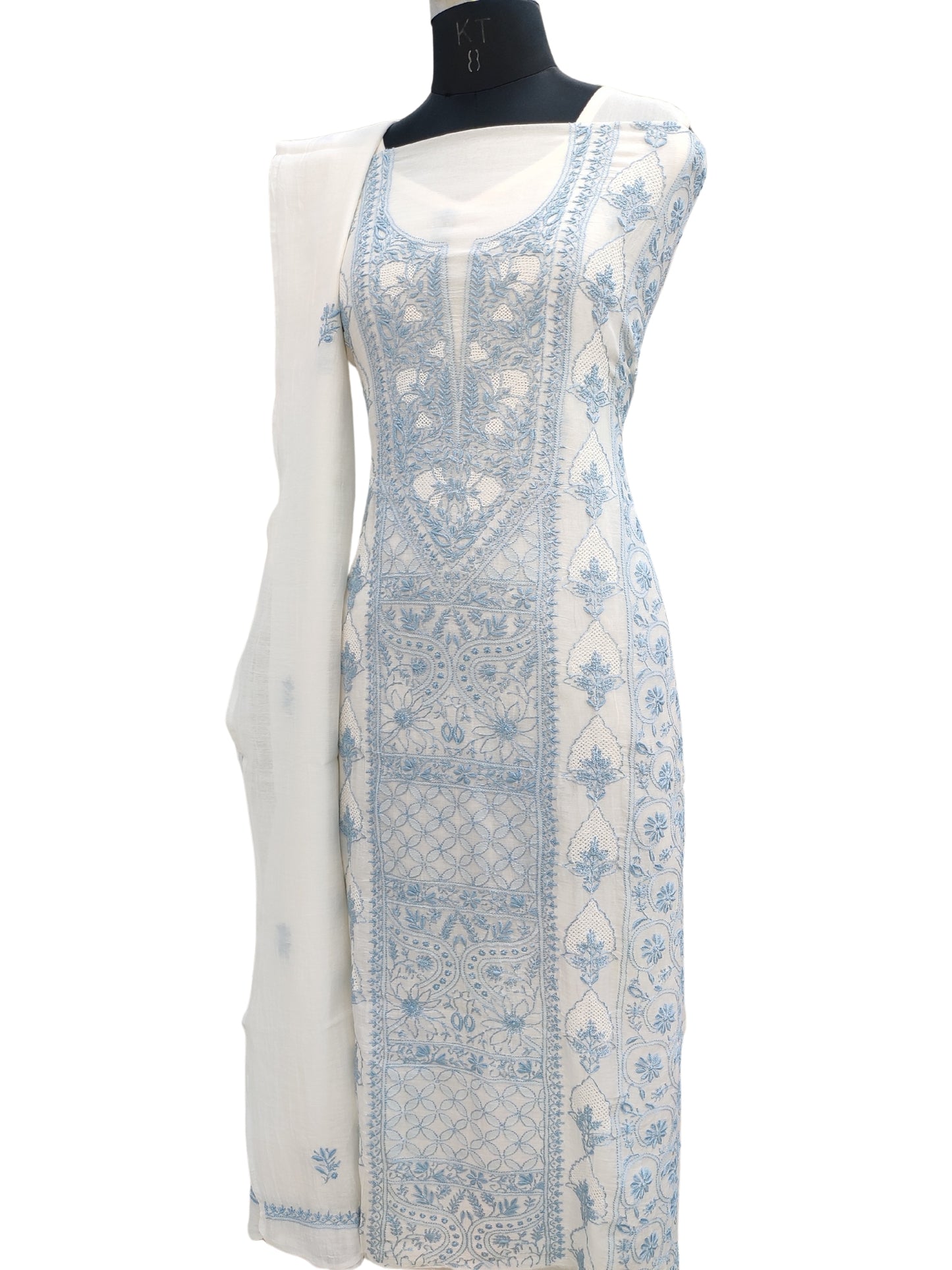 Shyamal Chikan Hand Embroidered White Mul Chanderi Lucknowi Chikankari Unstitched Suit Piece (Kurta Dupatta Set) - S24332