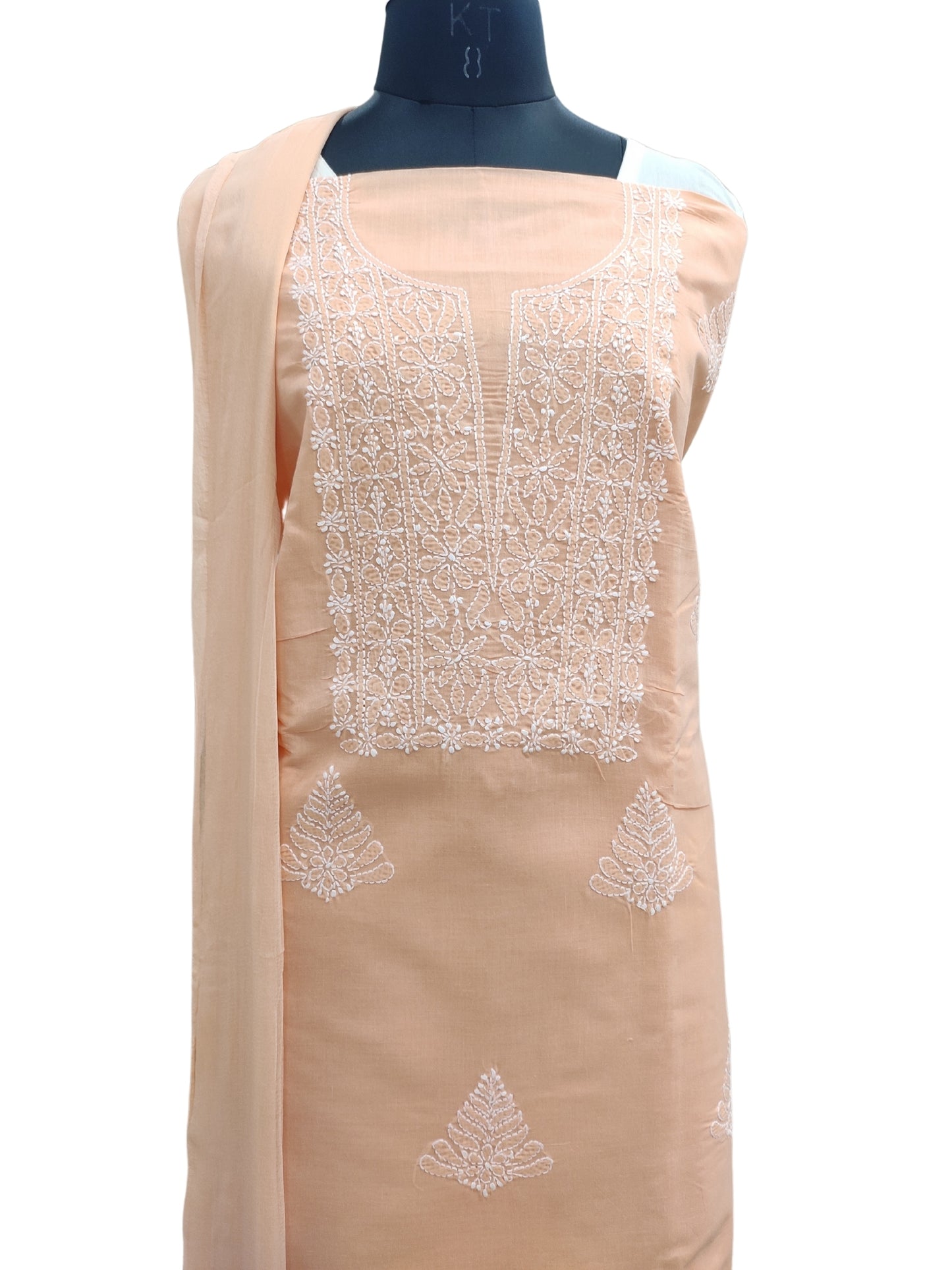 Shyamal Chikan Hand Embroidered Peach Cotton Lucknowi Chikankari Unstitched Suit Piece - S24756