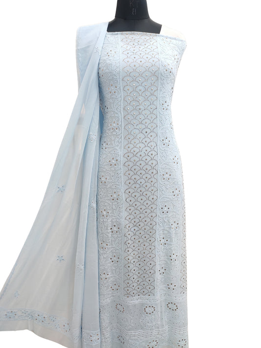 Shyamal Chikan Hand Embroidered Blue Viscose Georgette Lucknowi Chikankari Unstitched Suit Piece With Mukaish Work ( Kurta Dupatta Set ) - S16538