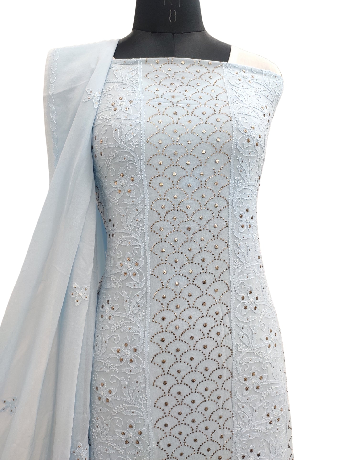 Shyamal Chikan Hand Embroidered Blue Viscose Georgette Lucknowi Chikankari Unstitched Suit Piece With Mukaish Work  ( Kurta Dupatta Set ) - S16538