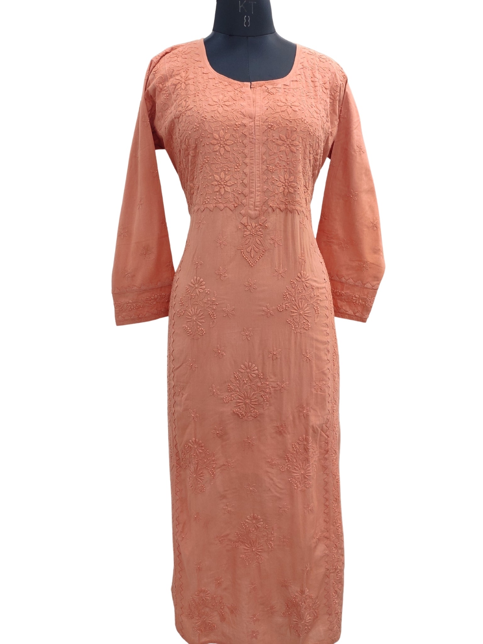 Shyamal Chikan Hand Embroidered Orange Pure Cotton Lucknowi Chikankari Kurti With Daraz Work - S23236