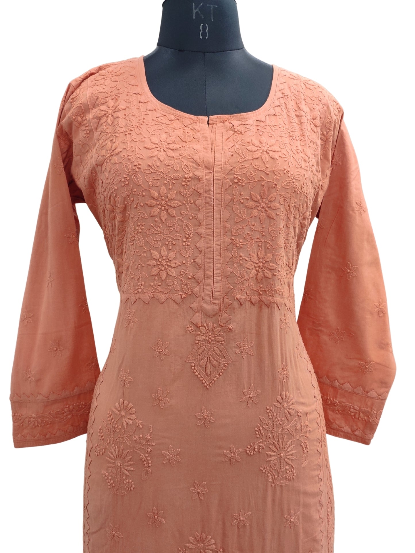 Shyamal Chikan Hand Embroidered Orange Pure Cotton Lucknowi Chikankari Kurti With Daraz Work - S23236