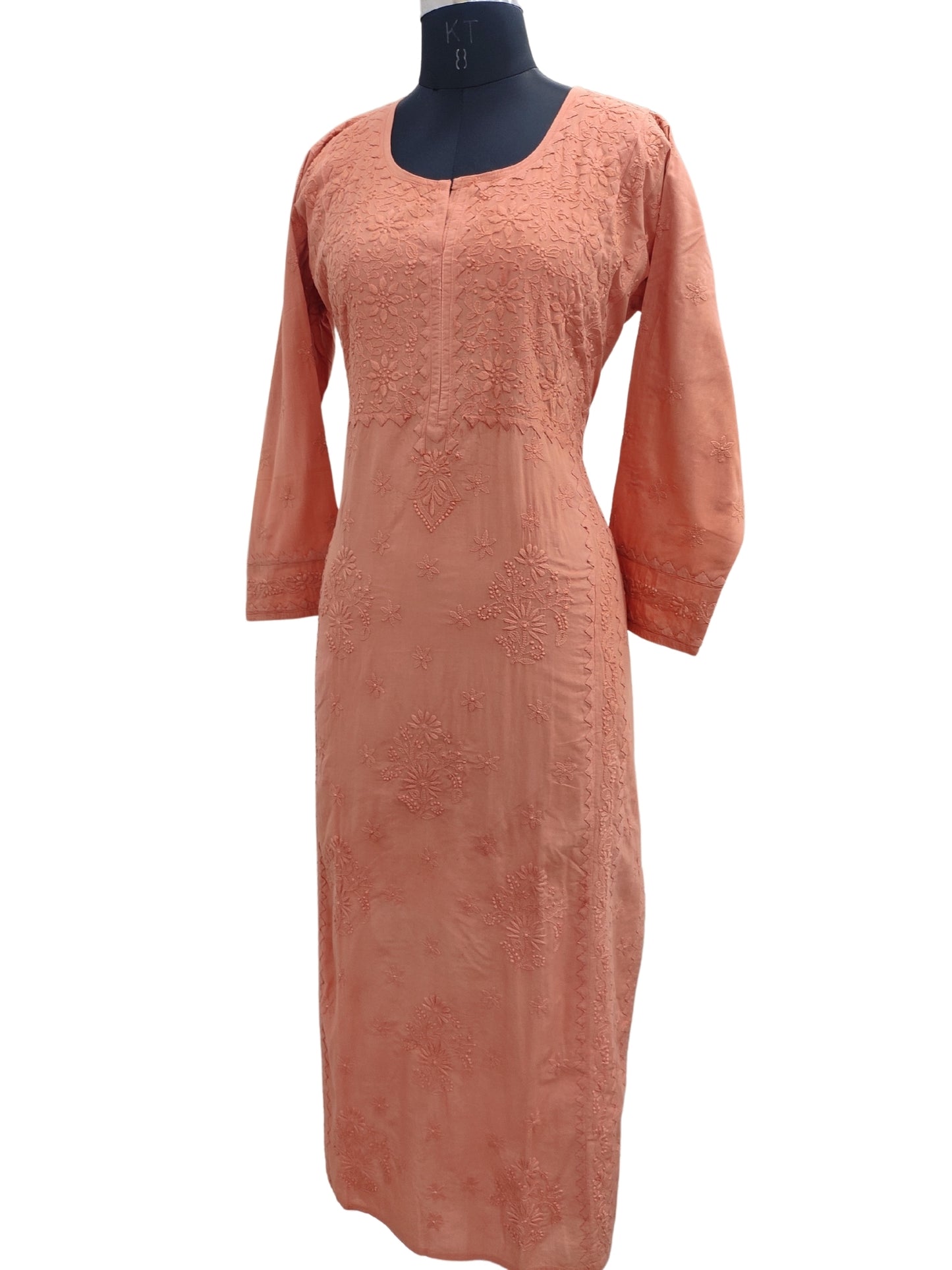 Shyamal Chikan Hand Embroidered Orange Pure Cotton Lucknowi Chikankari Kurti With Daraz Work - S23236