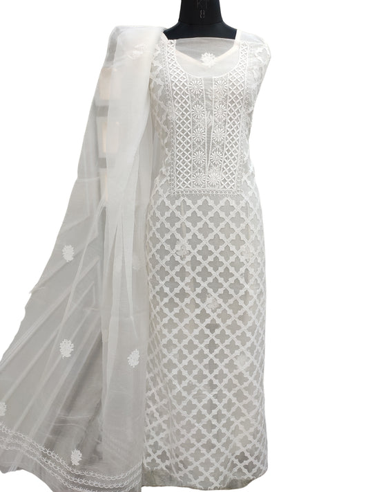 Shyamal Chikan Hand Embroidered White Organza Lucknowi Chikankari Unstitched Suit Piece (Kurta Dupatta Set)  - S24595