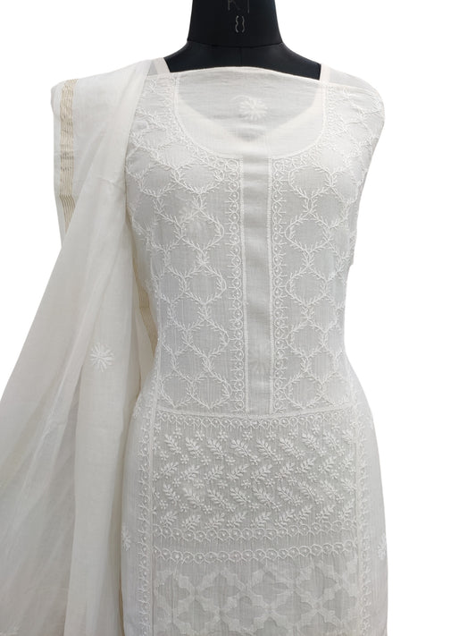 Shyamal Chikan Hand Embroidered White Mul Chanderi Lucknowi Chikankari semi stitched Suit Piece (Kurta Dupatta Set) - S23988