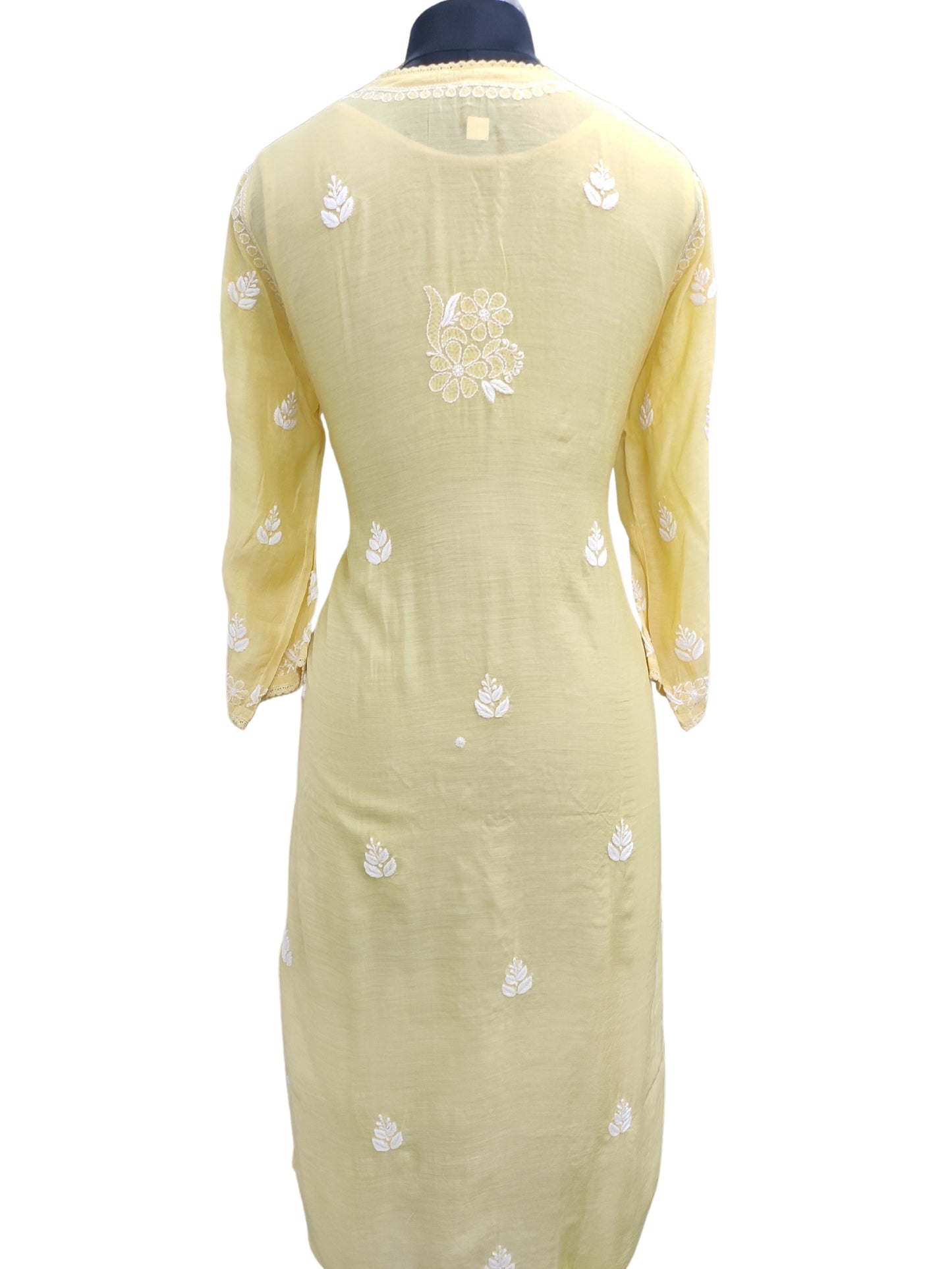 Shyamal Chikan Hand Embroidered Yellow Muslin Lucknowi Chikankari Kurti - S25478