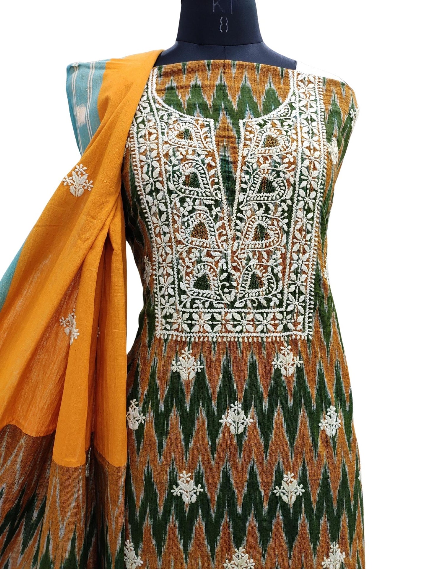 Shyamal Chikan Hand Embroidered Green  Ikat Cotton Lucknowi Chikankari Unstitched Suit Piece - S20121