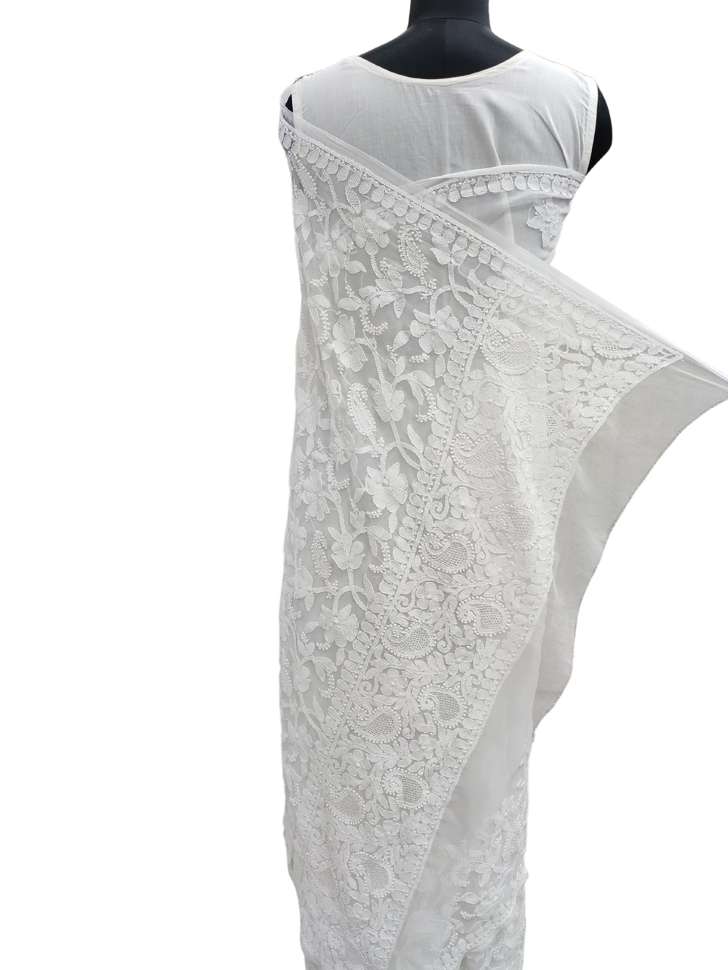 Shyamal Chikan Hand Embroidered White Georgette Lucknowi Chikankari Skirt Saree With Blouse Piece - S6522