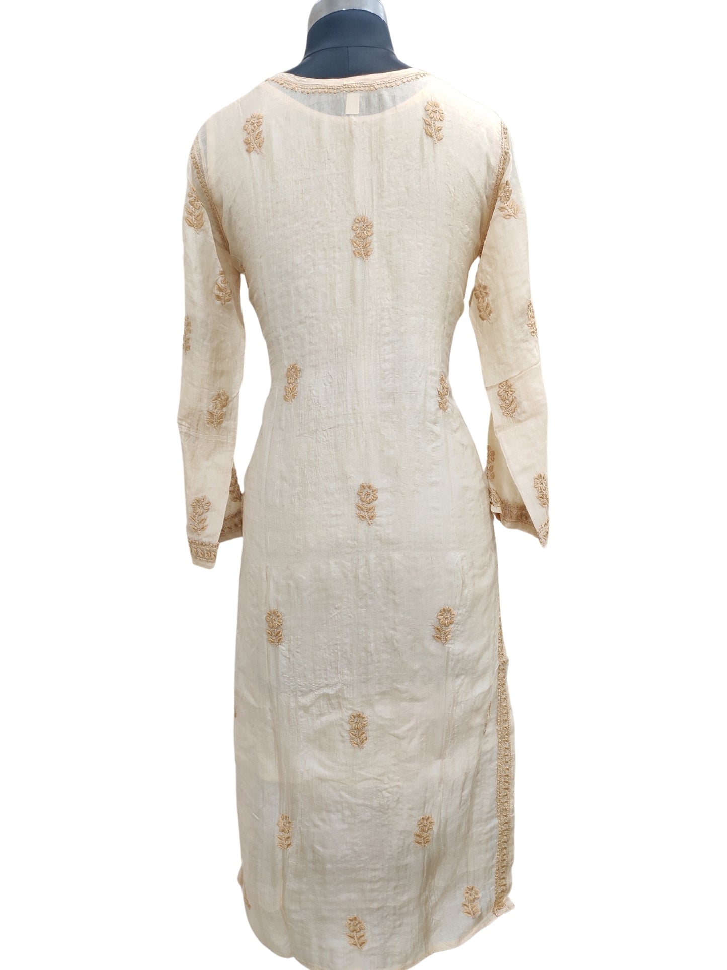 Shyamal Chikan Hand Embroidered Beige Pure Tusser Silk Lucknowi Chikankari Kurti- S24402