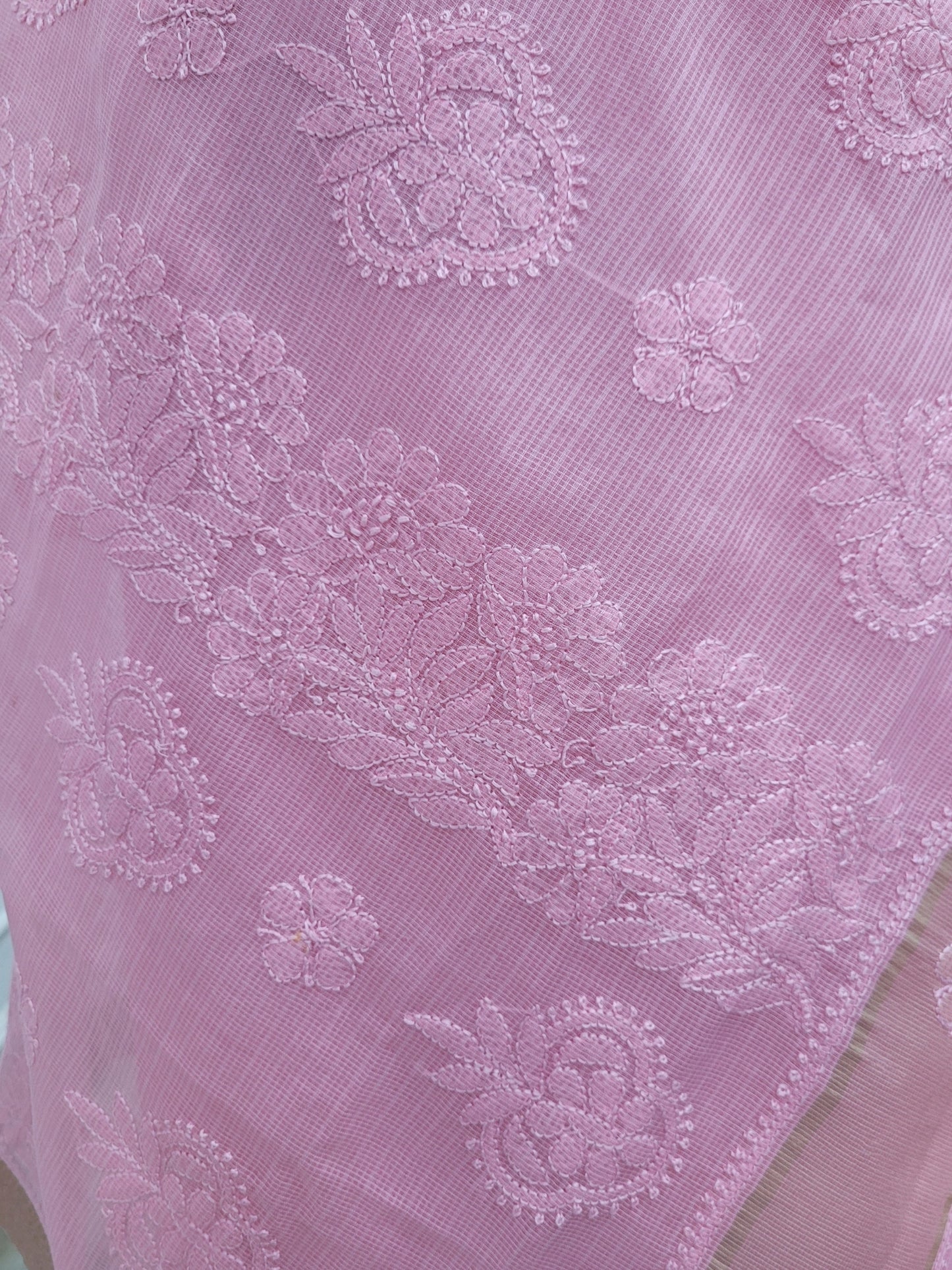 Shyamal Chikan Hand Embroidered Pink Tissue Lenin Lucknowi Chikankari Saree With Blouse Piece - S24353