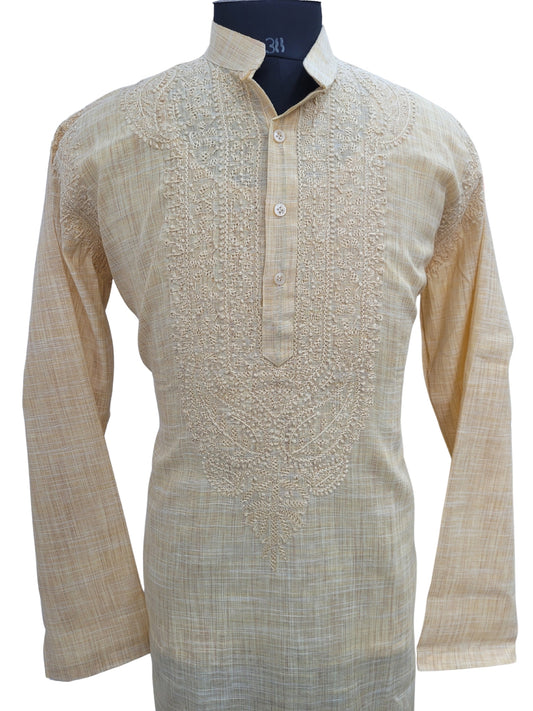 Shyamal Chikan Hand Embroidered Beige Cotton Lucknowi Chikankari Men's Kurta - S25175