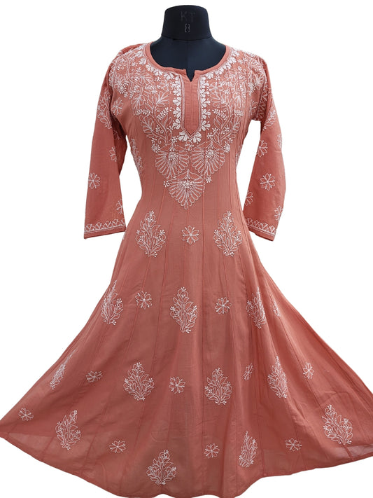 Shyamal Chikan Hand Embroidered Orange Pure Cotton Lucknowi Chikankari Anarkali - S24479