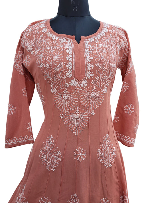 Shyamal Chikan Hand Embroidered Orange Pure Cotton Lucknowi Chikankari Anarkali - S24479