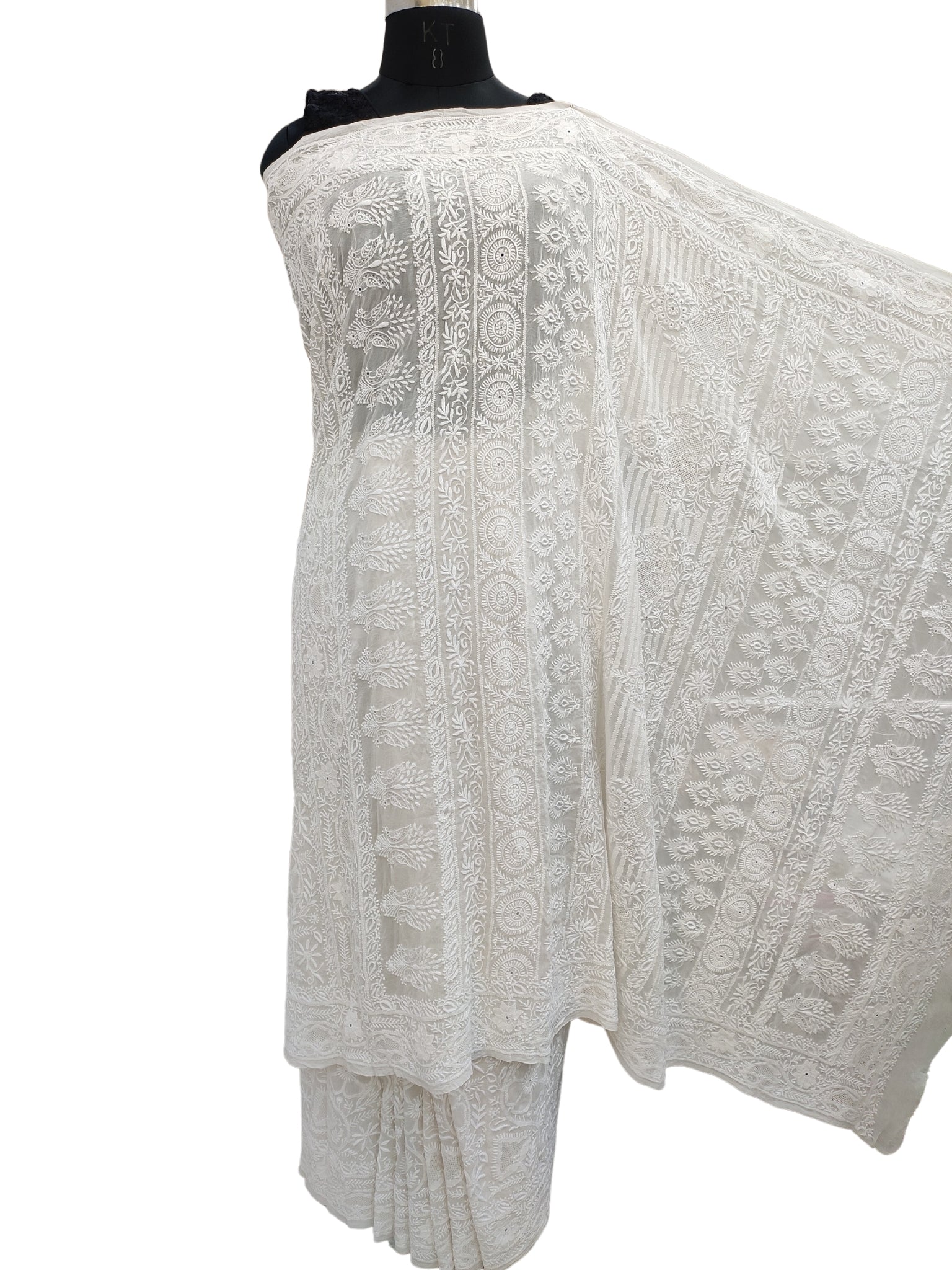 Shyamal Chikan Hand Embroidered White Pure Georgette Lucknowi Chikankari Saree With Blouse Piece - S21025