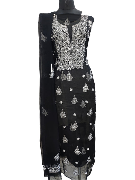 Shyamal Chikan Hand Embroidered Black Georgette Lucknowi Chikankari Unstitched Suit Piece - 24011