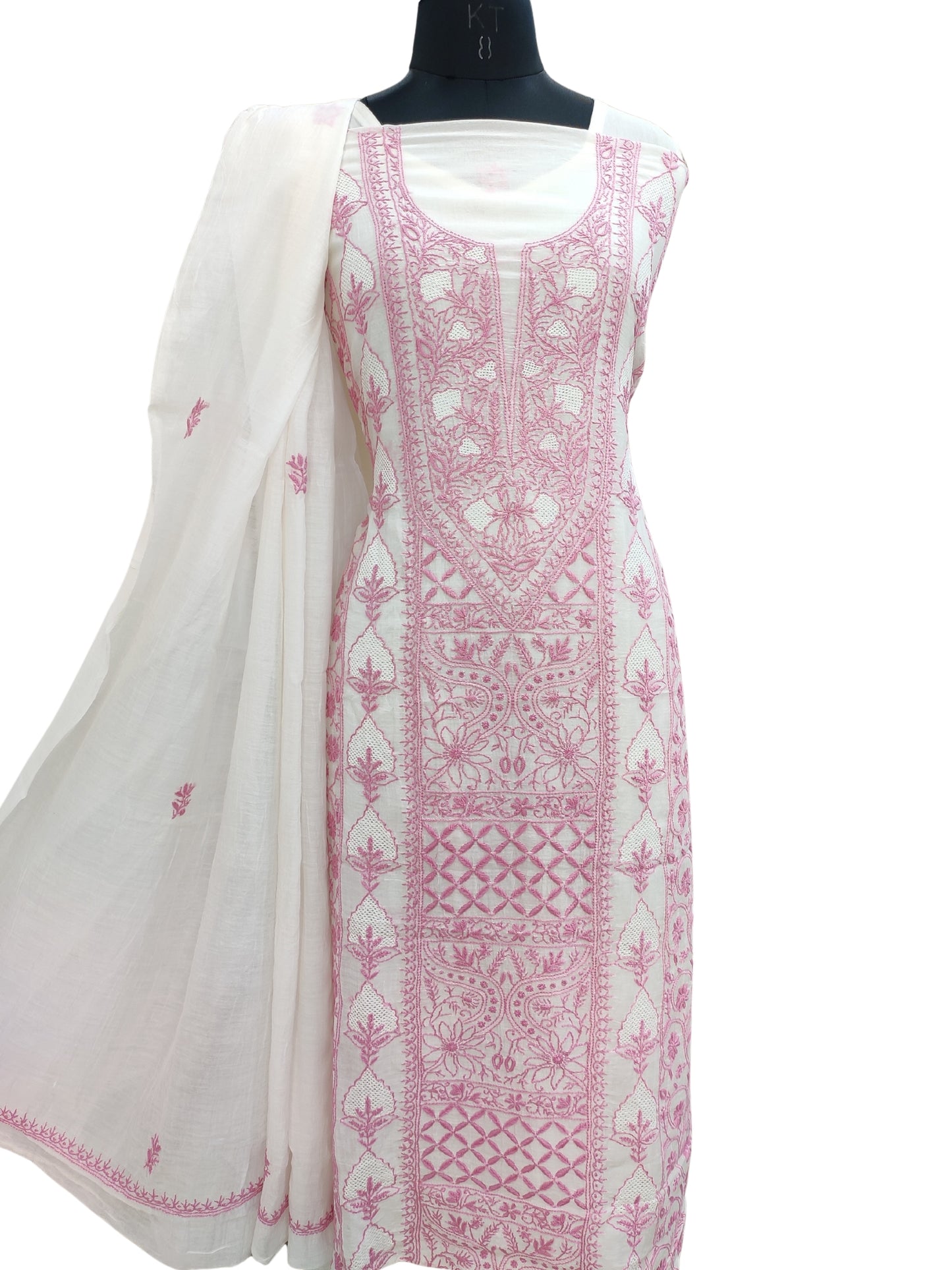 Shyamal Chikan Hand Embroidered White Mul Chanderi Lucknowi Chikankari Unstitched Suit Piece (Kurta Dupatta Set) - S24329