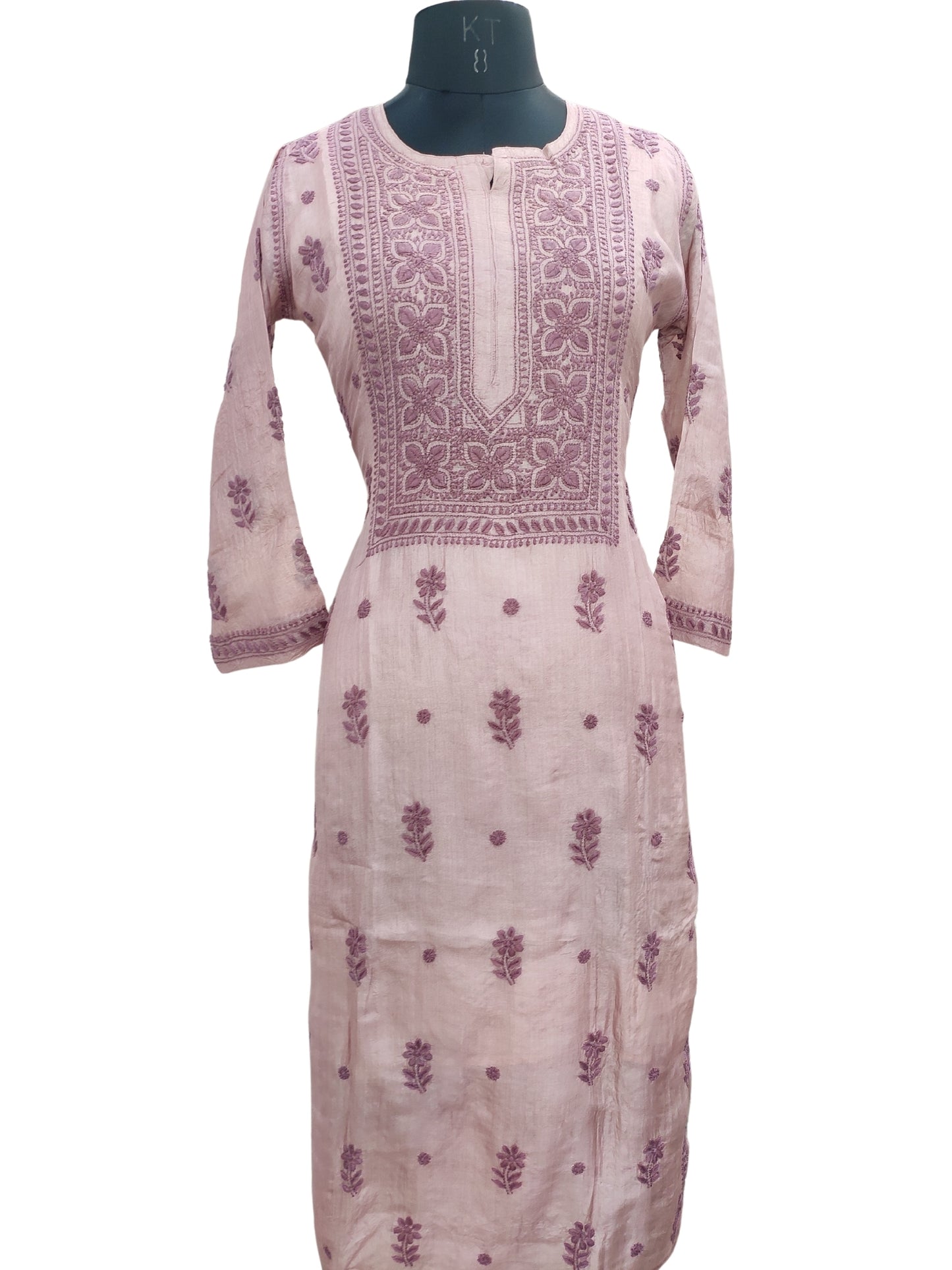 Shyamal Chikan Hand Embroidered Wine Pure Tusser Silk Lucknowi Chikankari Kurti- S24407