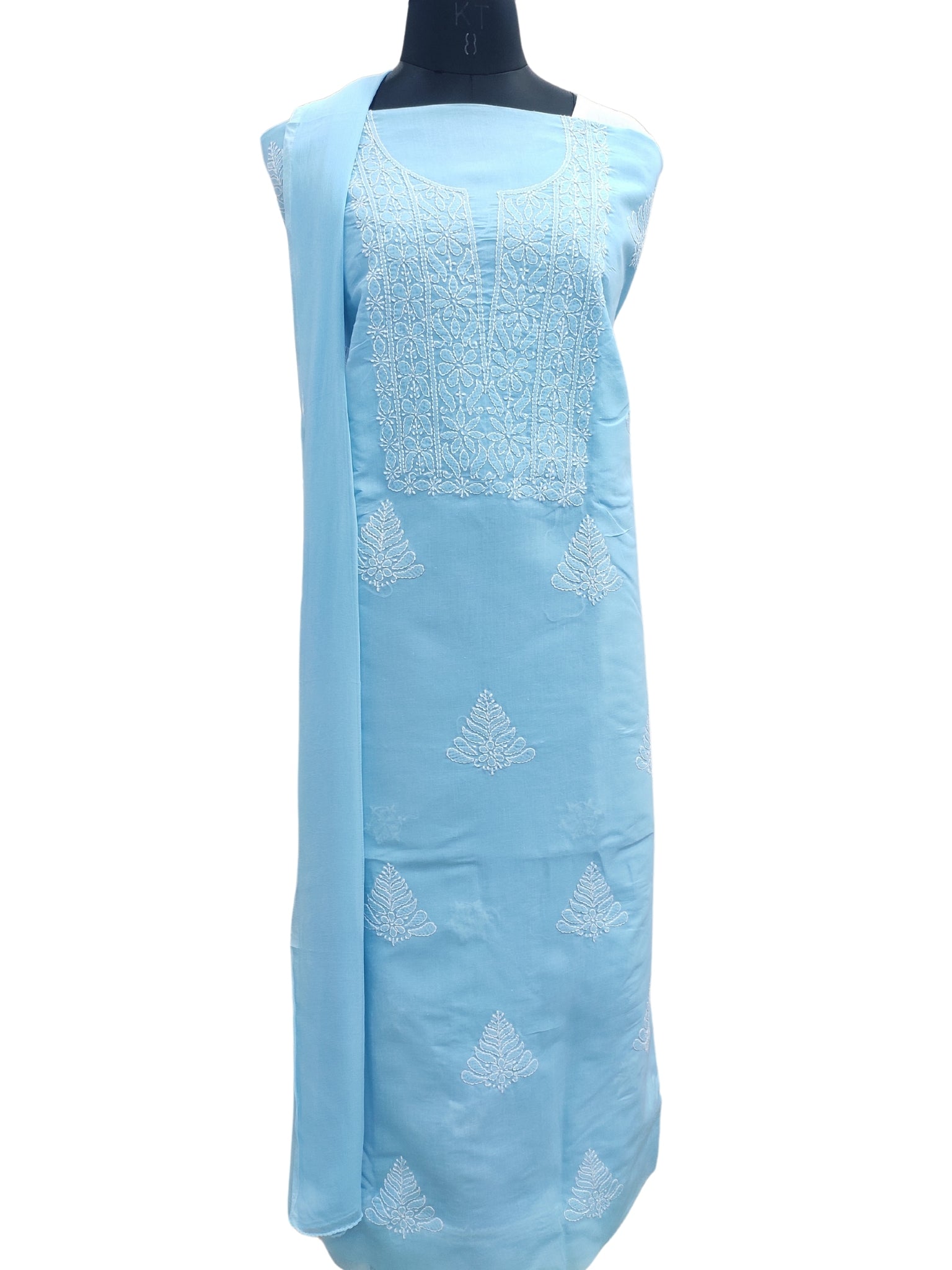 Shyamal Chikan Hand Embroidered Blue Cotton Lucknowi Chikankari Unstitched Suit Piece - S24761