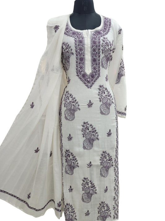 Shyamal Chikan Hand Embroidered White Mul Chanderi Lucknowi Chikankari semi stitched Suit Piece (Kurta Dupatta Set) - S25094