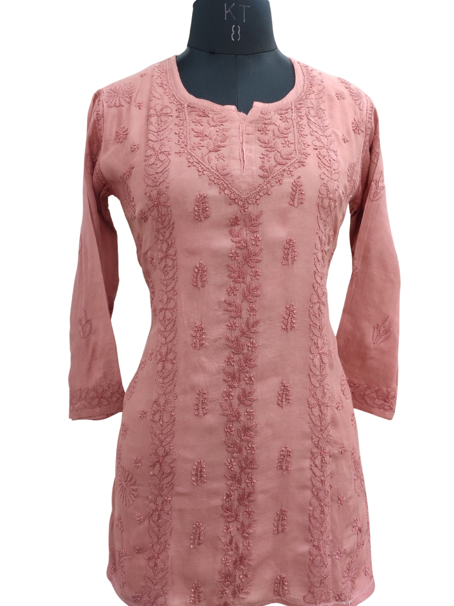 Shyamal Chikan Hand Embroidered Red Pure Cotton Lucknowi Chikankari Short Top - S25481