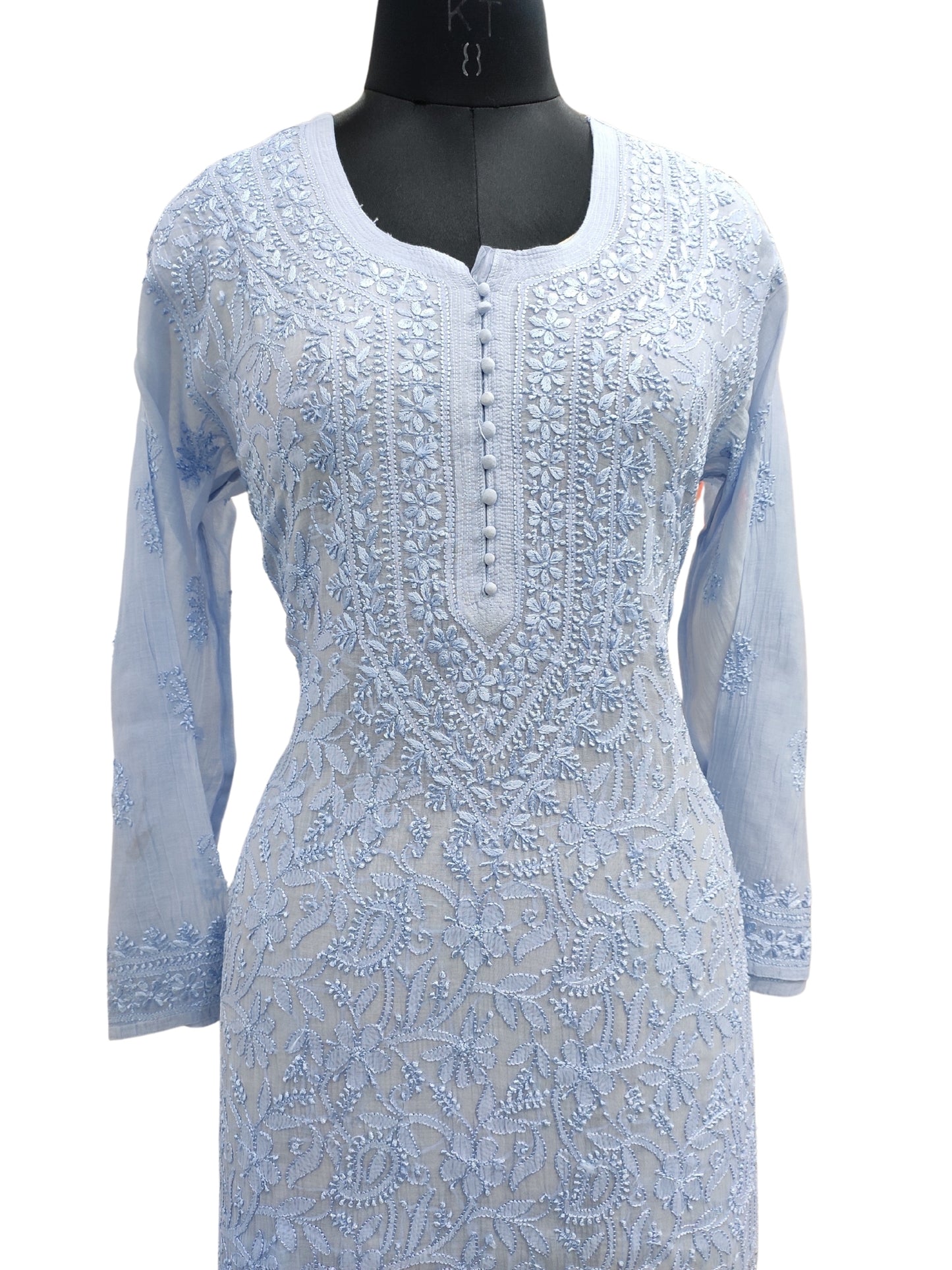 Shyamal Chikan Hand Embroidered Blue Mul Chanderi Lucknowi Chikankari Kurti - S24881