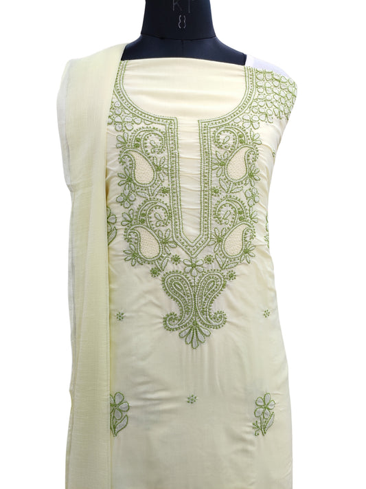 Shyamal Chikan Hand Embroidered Lemon Cotton Lucknowi Chikankari Unstitched Suit Piece With Jaali Work - S25418