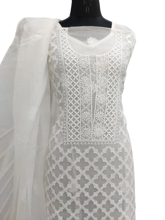 Shyamal Chikan Hand Embroidered White Organza Lucknowi Chikankari Unstitched Suit Piece (Kurta Dupatta Set)  - S24595